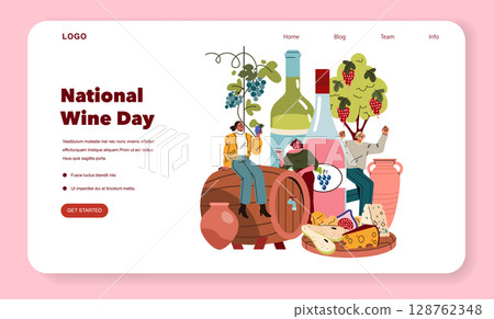 Celebrate National Wine Day with a vibrant illustration featuring diverse individuals enjoying wine, grapes, and cheese. This design evokes a spirit of joy and togetherness in wine culture. Celebrate National Wine Day with a vibrant illustration featuring diverse individuals enjoying wine, grapes, and cheese. This design evokes a spirit of joy and togetherness in wine culture. 128762348