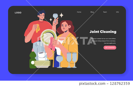 Vector illustration showing two people collaboratively washing dishes. They smile while holding plates and glasses, surrounded by cleaning supplies. The scene conveys teamwork and household chores. 128762359