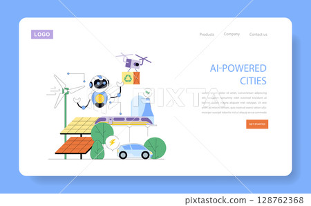 AI-powered city concept with a cheerful robot, flying drone, wind turbine, electric car, solar panels, and recycling symbols in a vector illustration. Sustainable urban technology. AI-powered city concept with a cheerful robot, flying drone, wind turbine, electric car, solar panels, and recycling symbols in a vector illustration. Sustainable urban technology. 128762368
