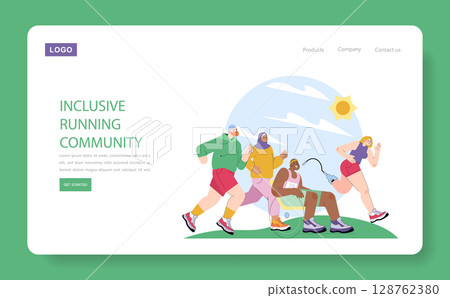 World Running Day concept. Diverse group of people including athletes with disabilities running together outdoors under the sun on a green field, promoting unity and healthy lifestyle. Vector 128762380