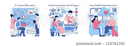 Vector illustration depicting AI's role in healthcare, featuring remote consultations, AI-assisted MRI analysis, and smart health monitoring. Individuals appear engaged with technology. Vector illustration depicting AI's role in healthcare, featuring remote consultations, AI-assisted MRI analysis, and smart health monitoring. Individuals appear engaged with technology. 128762392