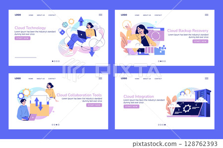 Vector illustration depicting cloud technology, integration, backup recovery, and collaboration tools concepts. Features people engaging with cloud services and digital interfaces. Vector illustration depicting cloud technology, integration, backup recovery, and collaboration tools concepts. Features people engaging with cloud services and digital interfaces. 128762393