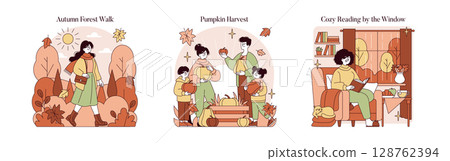 Collection of vector illustrations depicting autumn scenes including a woman walking in the forest, a family harvesting pumpkins, and a person reading by the window. Warm colors and cozy settings. Collection of vector illustrations depicting autumn scenes including a woman walking in the forest, a family harvesting pumpkins, and a person reading by the window. Warm colors and cozy settings. 128762394