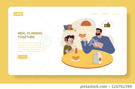 Vector illustration of a father and son enjoying a meal at the table. The father smiles while holding a hotdog, and the boy sips a drink. The scene conveys warmth and family bonding. 128762399
