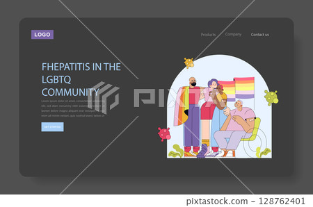 Vector illustration highlighting awareness of hepatitis within the LGBTQ community. Diverse group of individuals engage with supportive interaction and awareness symbols. Vector illustration highlighting awareness of hepatitis within the LGBTQ community. Diverse group of individuals engage with supportive interaction and awareness symbols. 128762401