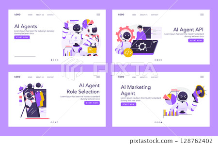 Vector illustration showcasing various AI agent roles, including marketing and API development. Highlighting adaptability and technology in modern artificial intelligence applications. Vector illustration showcasing various AI agent roles, including marketing and API development. Highlighting adaptability and technology in modern artificial intelligence applications. 128762402