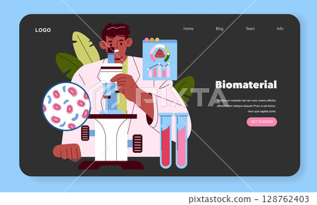 Scientist examines biomaterial under a microscope with charts and test tubes visible. Illustration highlights laboratory research and scientific analysis in biomaterials. Scientist examines biomaterial under a microscope with charts and test tubes visible. Illustration highlights laboratory research and scientific analysis in biomaterials. 128762403