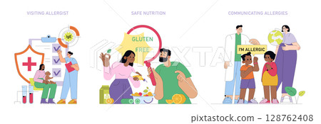 Vector illustration depicting allergy awareness and safe nutrition. Includes a visit to an allergist, understanding gluten-free options, and communicating allergies among diverse groups. Vector illustration depicting allergy awareness and safe nutrition. Includes a visit to an allergist, understanding gluten-free options, and communicating allergies among diverse groups. 128762408