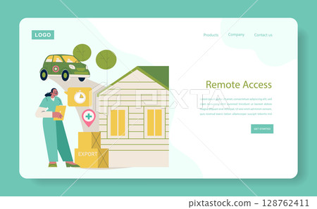 Vector illustration of a remote access service platform focusing on healthcare delivery. Features a professional with a checklist, a car, and export service symbols. Vector illustration of a remote access service platform focusing on healthcare delivery. Features a professional with a checklist, a car, and export service symbols. 128762411