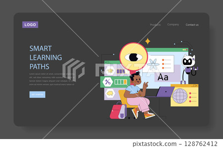 Vector illustration featuring a young individual studying with digital tools and a robot assistant, highlighting smart learning paths and educational technology in a web design context. 128762412