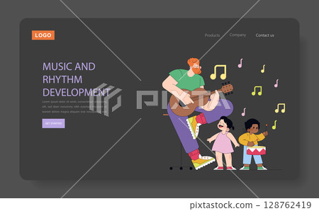 Vector illustration of a man playing guitar and two children singing and playing percussion, showcasing joy in music development. Colorful musical notes surround the joyful scene. Vector illustration of a man playing guitar and two children singing and playing percussion, showcasing joy in music development. Colorful musical notes surround the joyful scene. 128762419