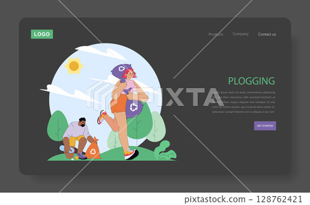 World Running Day concept. People running and collecting trash outdoors while enjoying sunny weather, combining fitness and environmental care, promoting active lifestyle and community clean-up 128762421