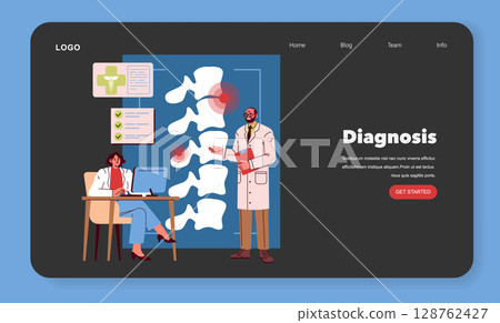 Vector illustration of a medical diagnosis scene featuring a doctor and patient in a modern office with digital charts and spine diagrams, depicting professional interaction. Vector illustration of a medical diagnosis scene featuring a doctor and patient in a modern office with digital charts and spine diagrams, depicting professional interaction. 128762427