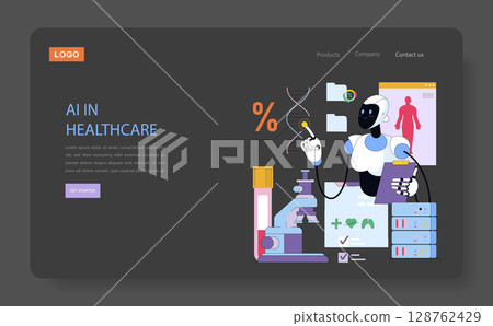 Vector illustration of AI in healthcare, depicting a robot interacting with medical tools and data. Highlights innovation in medical technology with futuristic elements. Vector illustration of AI in healthcare, depicting a robot interacting with medical tools and data. Highlights innovation in medical technology with futuristic elements. 128762429
