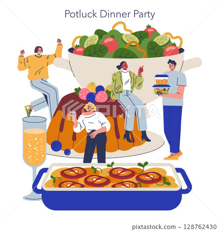 Vector illustration of a potluck dinner party with friends sharing and enjoying various dishes. Features salad, casserole, pudding, beverages, and cheerful conversations. 128762430