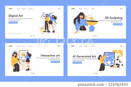 Vector illustration of digital art concepts including 3D sculpting, interactive art, and AI-generated artworks. People engaging in creative digital processes on a website interface. Vector illustration of digital art concepts including 3D sculpting, interactive art, and AI-generated artworks. People engaging in creative digital processes on a website interface. 128762433