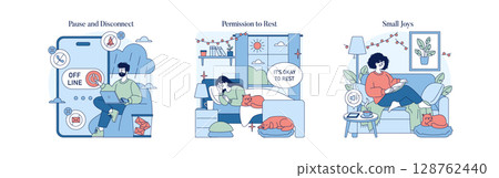 Vector illustration showing three scenarios of relaxation and digital detox. A person goes offline on a device, another relaxes with a pet, and another enjoys a cozy moment with a book. 128762440