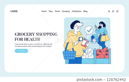 Vector illustration of two people in a grocery store, choosing healthy products. One reads a label with a magnifying glass, while the other selects vegetables with satisfaction. Vector illustration of two people in a grocery store, choosing healthy products. One reads a label with a magnifying glass, while the other selects vegetables with satisfaction. 128762442