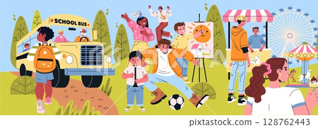 Vector illustration of children engaging in various fun activities at a school event. Kids are drawing, playing soccer, boarding a school bus, eating ice cream, and dancing joyfully outdoors. 128762443