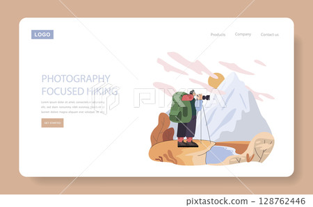 Mountain Tourism concept. Traveler with backpack enjoys mountain scenery while taking photos at sunrise. Adventure, exploration, nature appreciation, and travel inspire outdoor mountain journeys Mountain Tourism concept. Traveler with backpack enjoys mountain scenery while taking photos at sunrise. Adventure, exploration, nature appreciation, and travel inspire outdoor mountain journeys 128762446