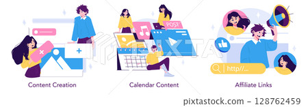 Vector illustration featuring people engaged in content creation, calendar content planning, and affiliate link promotion. Ideal for digital marketing concepts and campaigns. Vector illustration featuring people engaged in content creation, calendar content planning, and affiliate link promotion. Ideal for digital marketing concepts and campaigns. 128762459