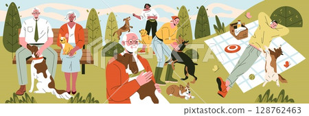 Vector illustration of people enjoying leisure time with their dogs in a park. Various interactions show relaxation, happiness, and companionship amidst nature and greenery. 128762463