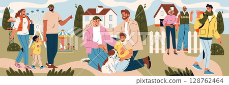 A vector illustration depicting families enjoying outdoor activities in a vibrant neighborhood. Two groups are visible, engaging in leisure walks and playing with pets, creating a lively community 128762464