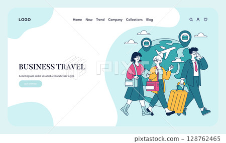 Business travel illustration featuring professionals on the move. They carry luggage and devices, depicting the dynamics of work trips. Ideal for corporate websites and travel services. Vector 128762465