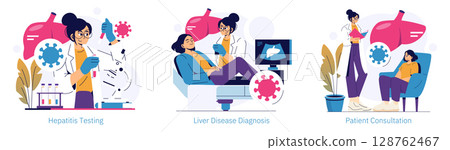 Vector illustration depicting a healthcare professional conducting hepatitis testing, discussing liver disease diagnosis, and consulting with a patient. Vibrant graphics emphasize medical themes. Vector illustration depicting a healthcare professional conducting hepatitis testing, discussing liver disease diagnosis, and consulting with a patient. Vibrant graphics emphasize medical themes. 128762467