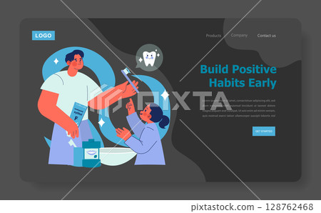 Vector illustration of an adult teaching a child proper tooth brushing techniques. The adult holds a toothbrush and toothpaste, while the smiling child eagerly listens. 128762468