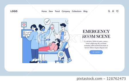 Healthcare professional scene in an emergency room. Medical staff providing care and monitoring patients. Focus on teamwork, compassion, and urgency in a hospital setting. Vector illustration. 128762473