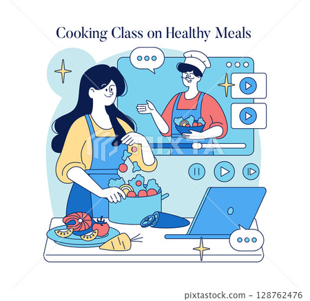 Vector illustration of an online cooking class teaching healthy meal preparation. A woman in an apron follows online cooking instructions, engaging with a virtual chef. Vector illustration of an online cooking class teaching healthy meal preparation. A woman in an apron follows online cooking instructions, engaging with a virtual chef. 128762476