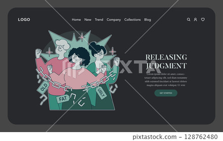 Psychology Of Self Acceptance concept. Three people break free from chains labeled with negative judgments, representing the journey of letting go of harmful self-talk and embracing inner worth 128762480