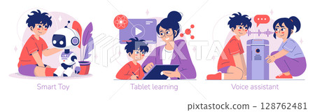 Vector illustration depicting children interacting with a smart toy robot, learning on tablets, and using a voice assistant. Captures technology interaction and educational engagement. Vector illustration depicting children interacting with a smart toy robot, learning on tablets, and using a voice assistant. Captures technology interaction and educational engagement. 128762481