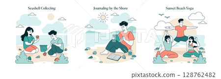 Set of three vector illustrations showcasing different beach activities. A pair collects seashells, a person journals by the shore, and a group practices yoga during sunset. Each scene captures Set of three vector illustrations showcasing different beach activities. A pair collects seashells, a person journals by the shore, and a group practices yoga during sunset. Each scene captures 128762482