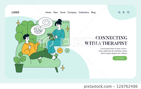 Vector illustration of an online therapy session with a man and a therapist on a video call. The man is sitting on a couch with a laptop, visually engaged, while the therapist takes notes. 128762486