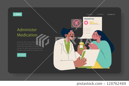 Vector illustration of a healthcare professional explaining medication instructions to a patient. Includes a prescription symbol, emphasizing medical consultation and advice. 128762489