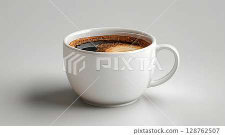 A realistic isolated coffee cup with soft shadow on a clean white background. Perfect for graphic design, mockups, and product presentations. 128762507