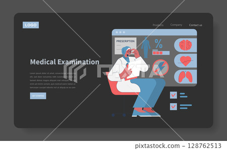 Doctor in lab coat analyzing medical data on a digital interface screen, with visuals of heart, brain, and other health metrics surrounding the display. Vector illustration. 128762513