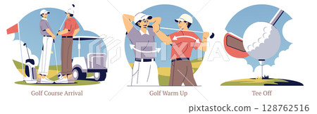 Dynamic vector illustration featuring golfers arriving at a course, warming up, and taking a shot. The image captures the essence of golfing activities with vibrant colors. Dynamic vector illustration featuring golfers arriving at a course, warming up, and taking a shot. The image captures the essence of golfing activities with vibrant colors. 128762516