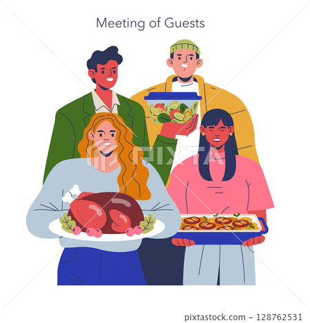 Vector illustration of a group of guests gathering with a variety of dishes, including a roast, salad, and appetizers. Displays their cheerful expressions and camaraderie. 128762531