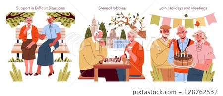 Vector illustration showing seniors engaging in activities. One image depicts support during difficult situations, another shows a chess game, and a third displays a group celebrating with a cake. 128762532