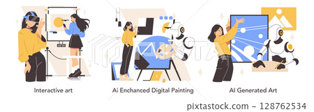 Vector illustration depicting interactive art creation using AI technology. A person in VR headset interacts with a digital canvas while AI assists in generating creative artwork. Vector illustration depicting interactive art creation using AI technology. A person in VR headset interacts with a digital canvas while AI assists in generating creative artwork. 128762534