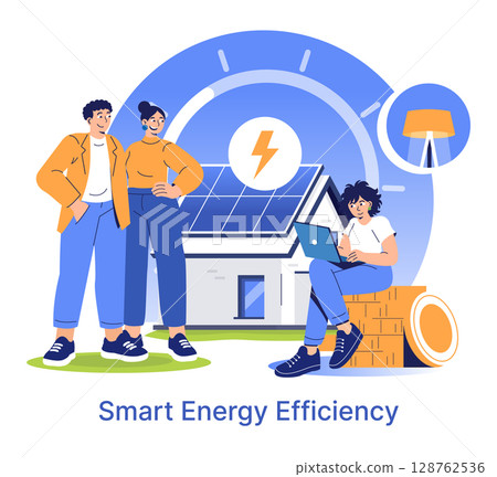 Vector illustration of a couple standing near a modern home with solar panels while a person works on a laptop, symbolizing smart energy efficiency and sustainable living. 128762536