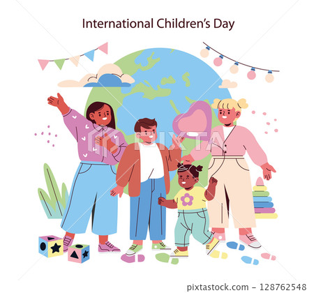 Vector illustration of a diverse group of people, including adults and children, celebrating International Children's Day with smiles and joy, featuring playful decorations and a globe backdrop. 128762548