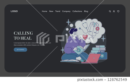Journey of a healthcare hero embracing the calling to heal. A person studies with inspiration through books, symbolizing dedication and aspiration in the medical field. Vector illustration. Journey of a healthcare hero embracing the calling to heal. A person studies with inspiration through books, symbolizing dedication and aspiration in the medical field. Vector illustration. 128762549