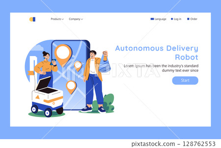 Future of Delivery. Autonomous robots bring packages to doorsteps as users track orders on smartphones, creating seamless, contactless experience driven by modern logistics and urban technology 128762553