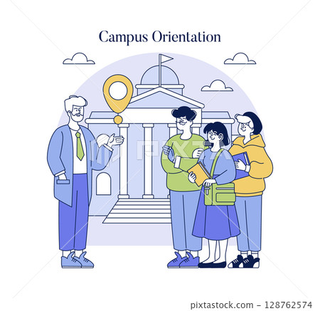 Vector illustration of a teacher guiding students during a campus orientation outside a university building. The students appear attentive, holding books and taking notes. 128762574