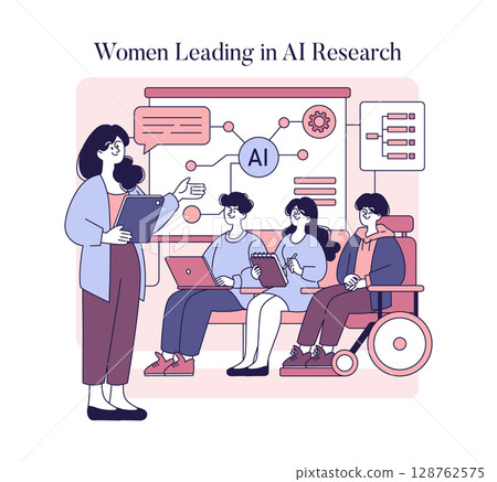 Women are actively engaged in AI research, collaborating as leaders and innovators. This illustration highlights teamwork in a tech-driven environment focused on inclusivity and advancement in Women are actively engaged in AI research, collaborating as leaders and innovators. This illustration highlights teamwork in a tech-driven environment focused on inclusivity and advancement in 128762575