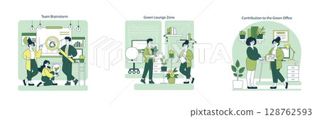 Vector illustration depicting team engagement in eco-friendly activities. Includes brainstorming on environmental solutions, creating a green lounge area, and contributing to a sustainable office. 128762593